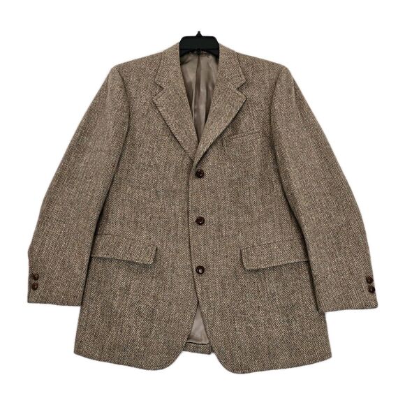 Vtg Harris Tweed Blazer Mens 42 Med Brown Herringbone Wool Jacket Unstructured - Picture 1 of 16